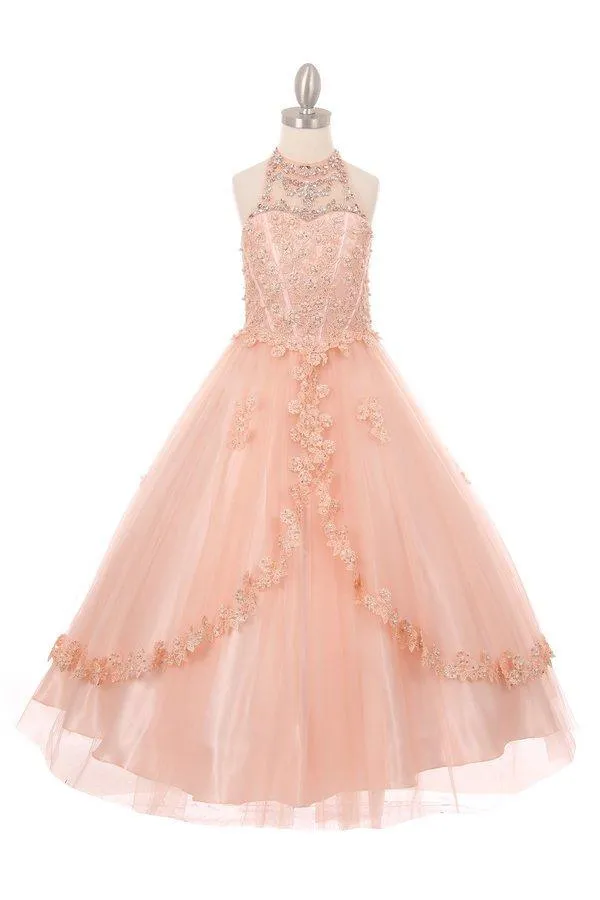 Girls Floral Applique Long Halter Dress 5060