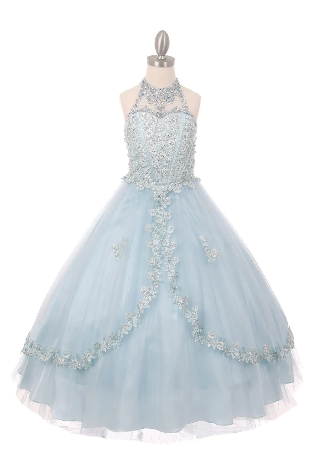 Girls Floral Applique Long Halter Dress 5060