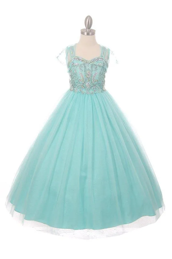 Girls Long Bead Bodice Sleeveless Dress with Bolero Jacket 5038