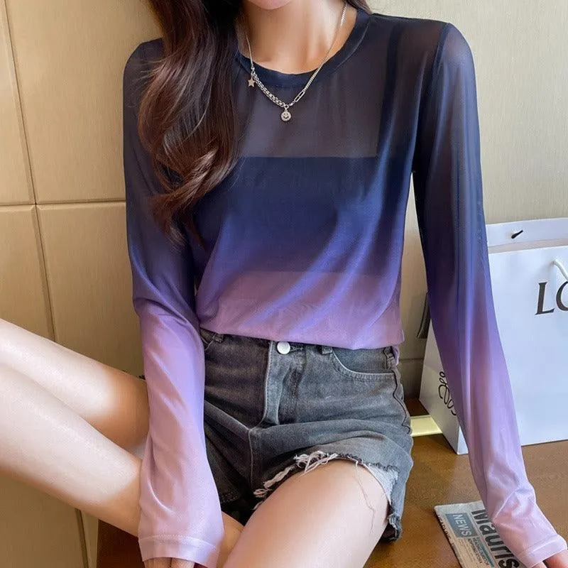 Gradient Color Loose Long-Sleeved T-Shirt