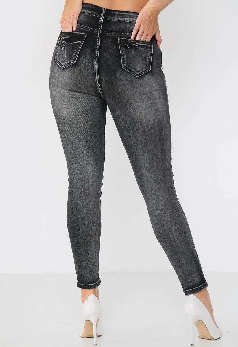 Grey Denim Faded Distressed Ripped Jeans
