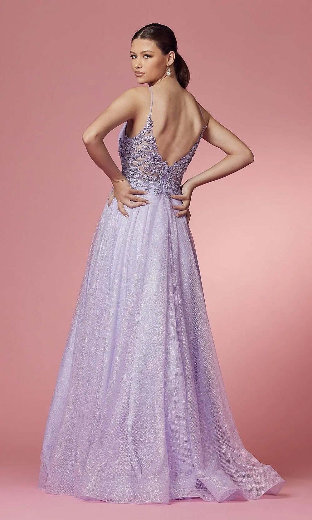 Illusion-Back Long Glitter A-Line Formal Dress