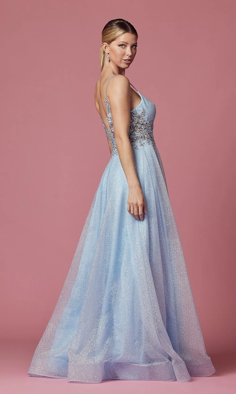 Illusion-Back Long Glitter A-Line Formal Dress
