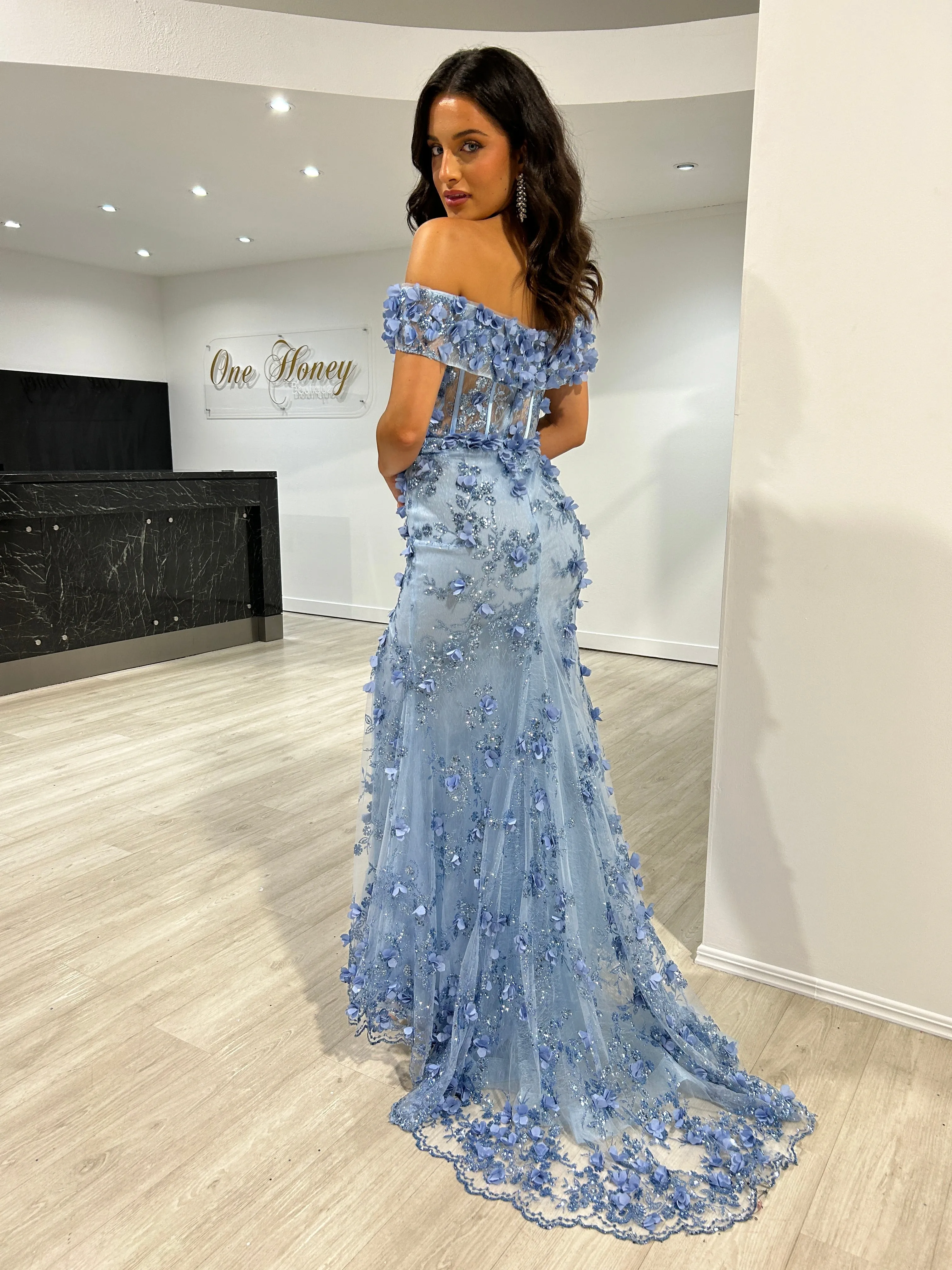LARRISA Glitter 3D Flower Applique Off the Shoulder Mermaid Formal Dress