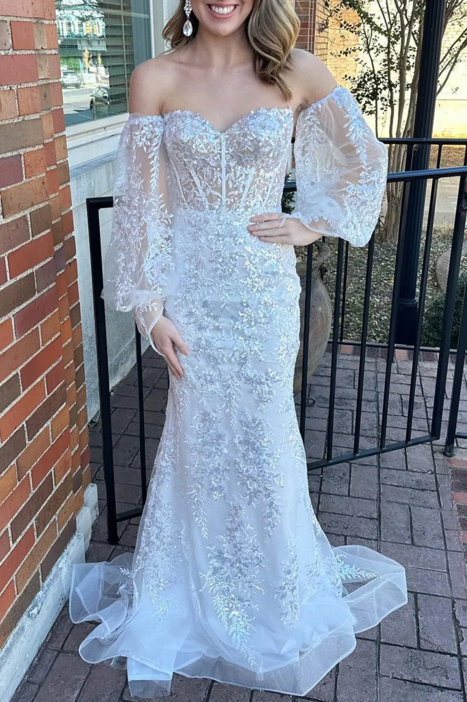 Lisette| White Off The Shoulder Mermaid Lace Long Prom Dress