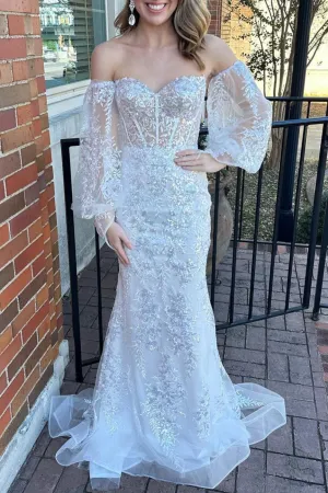 Lisette| White Off The Shoulder Mermaid Lace Long Prom Dress