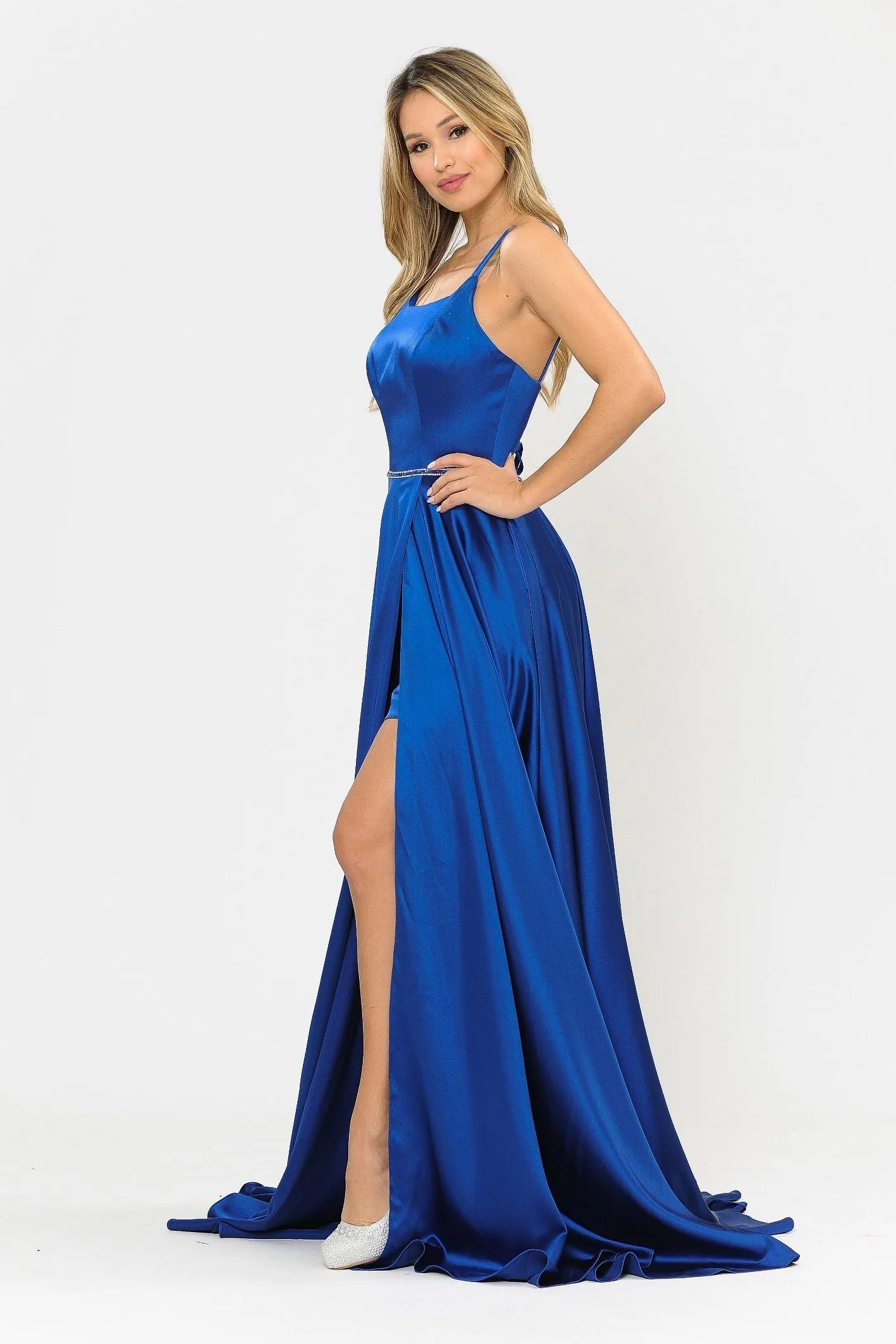 Long A-line Satin Dress with Corset Back by Poly USA 8652