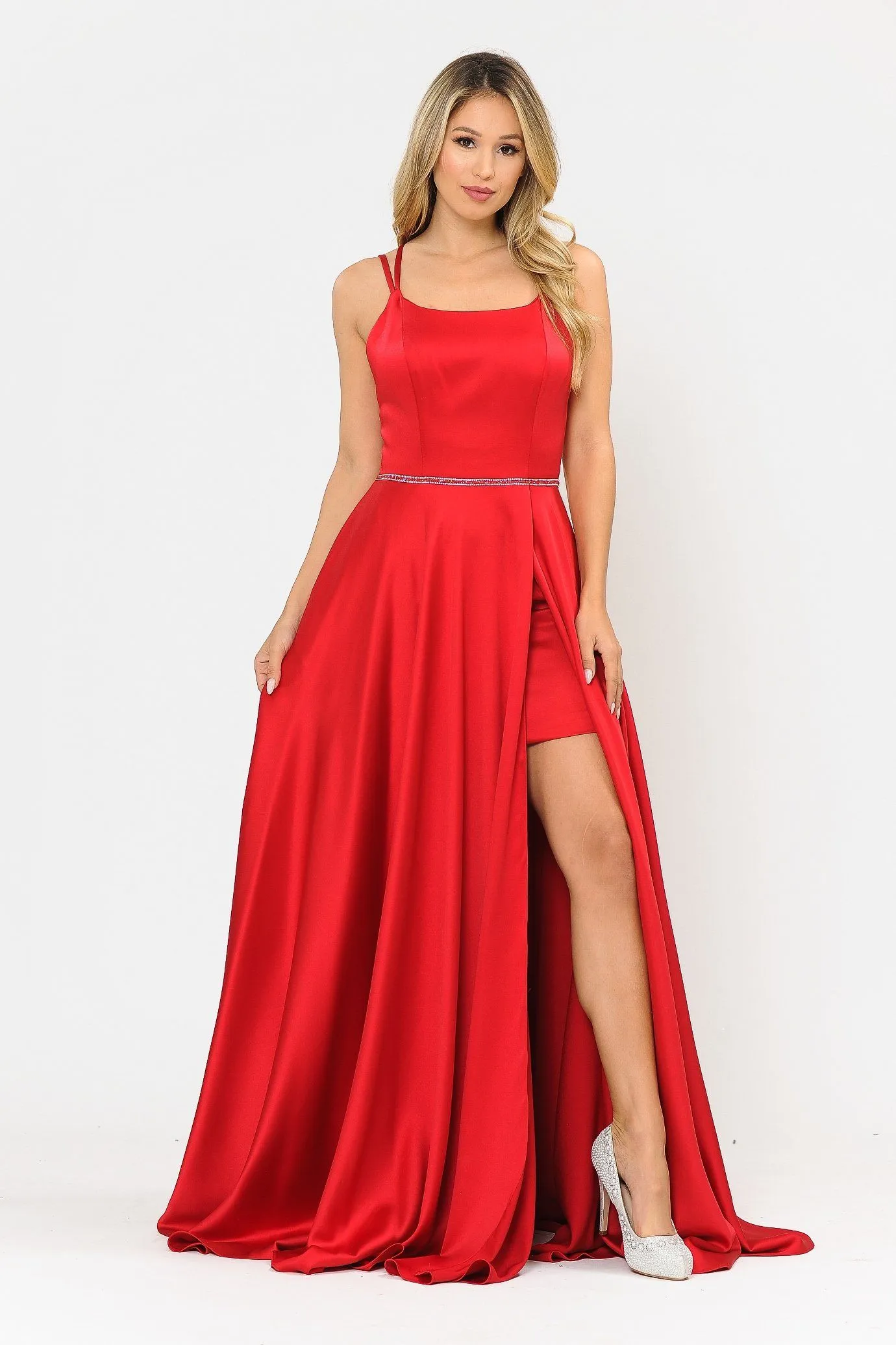 Long A-line Satin Dress with Corset Back by Poly USA 8652
