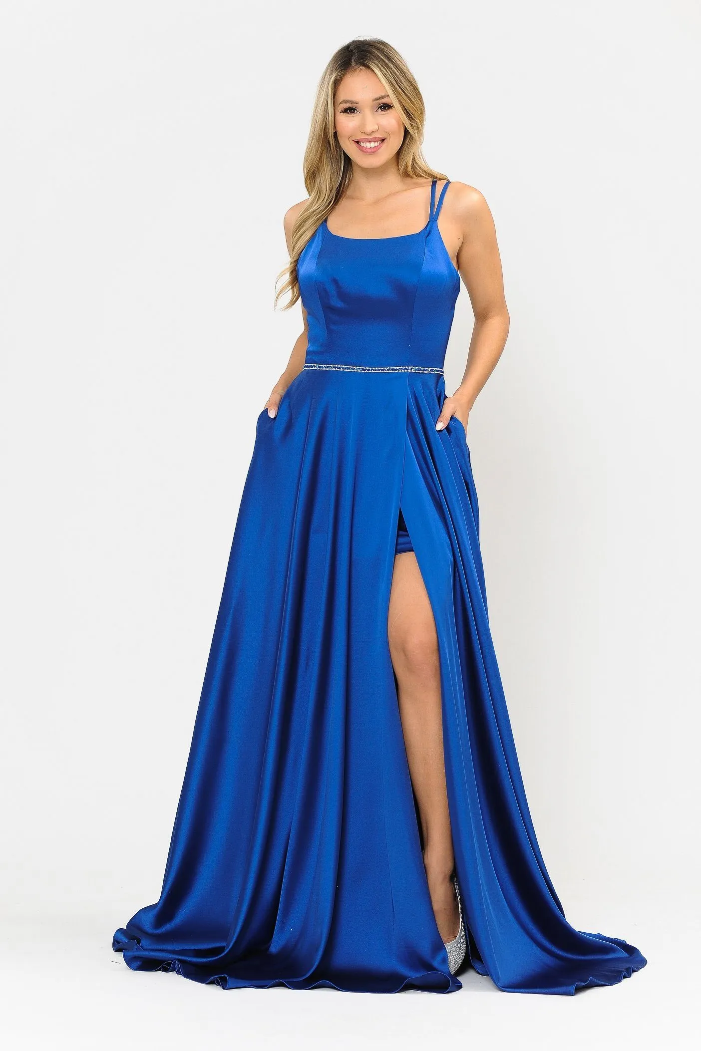 Long A-line Satin Dress with Corset Back by Poly USA 8652