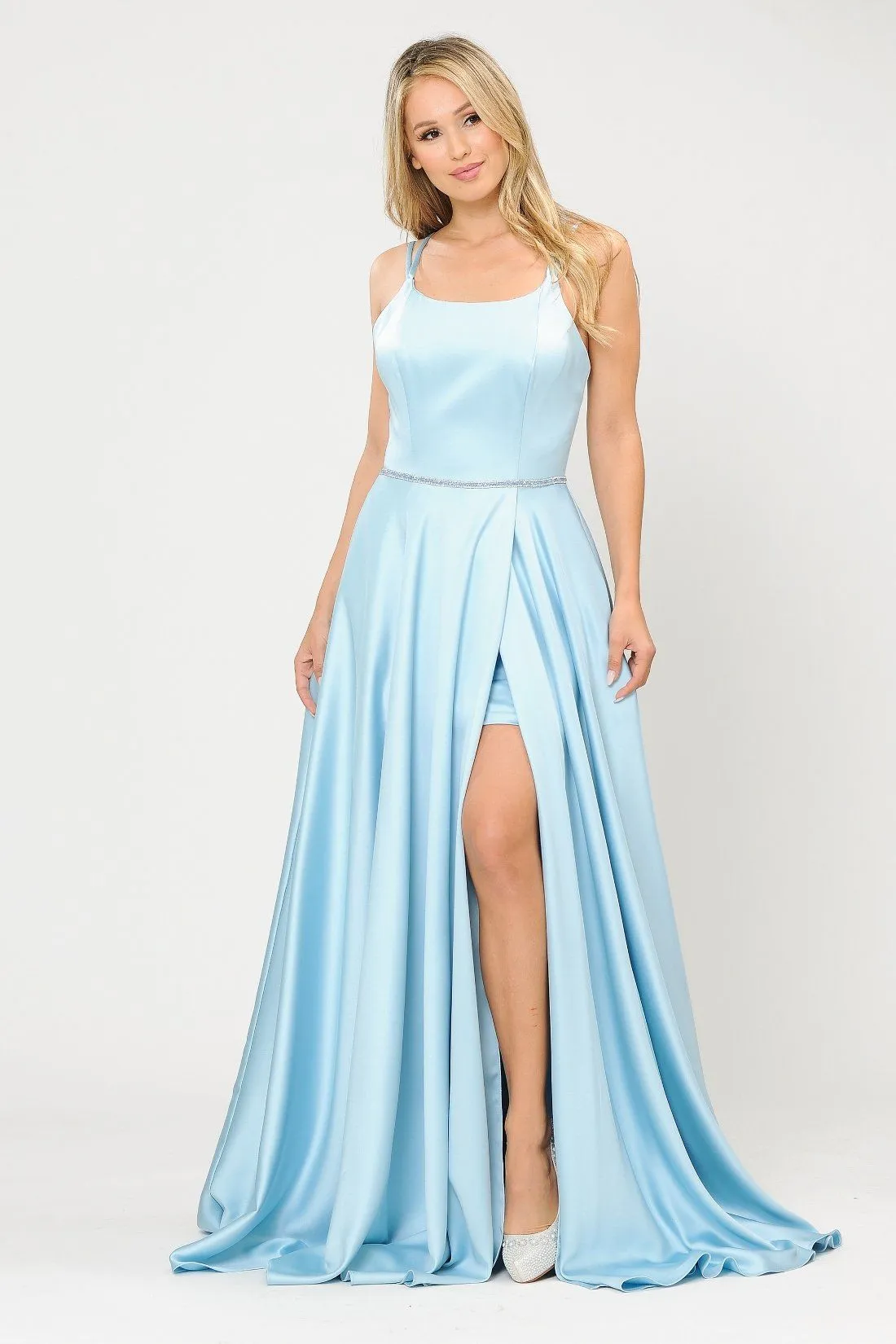 Long A-line Satin Dress with Corset Back by Poly USA 8652