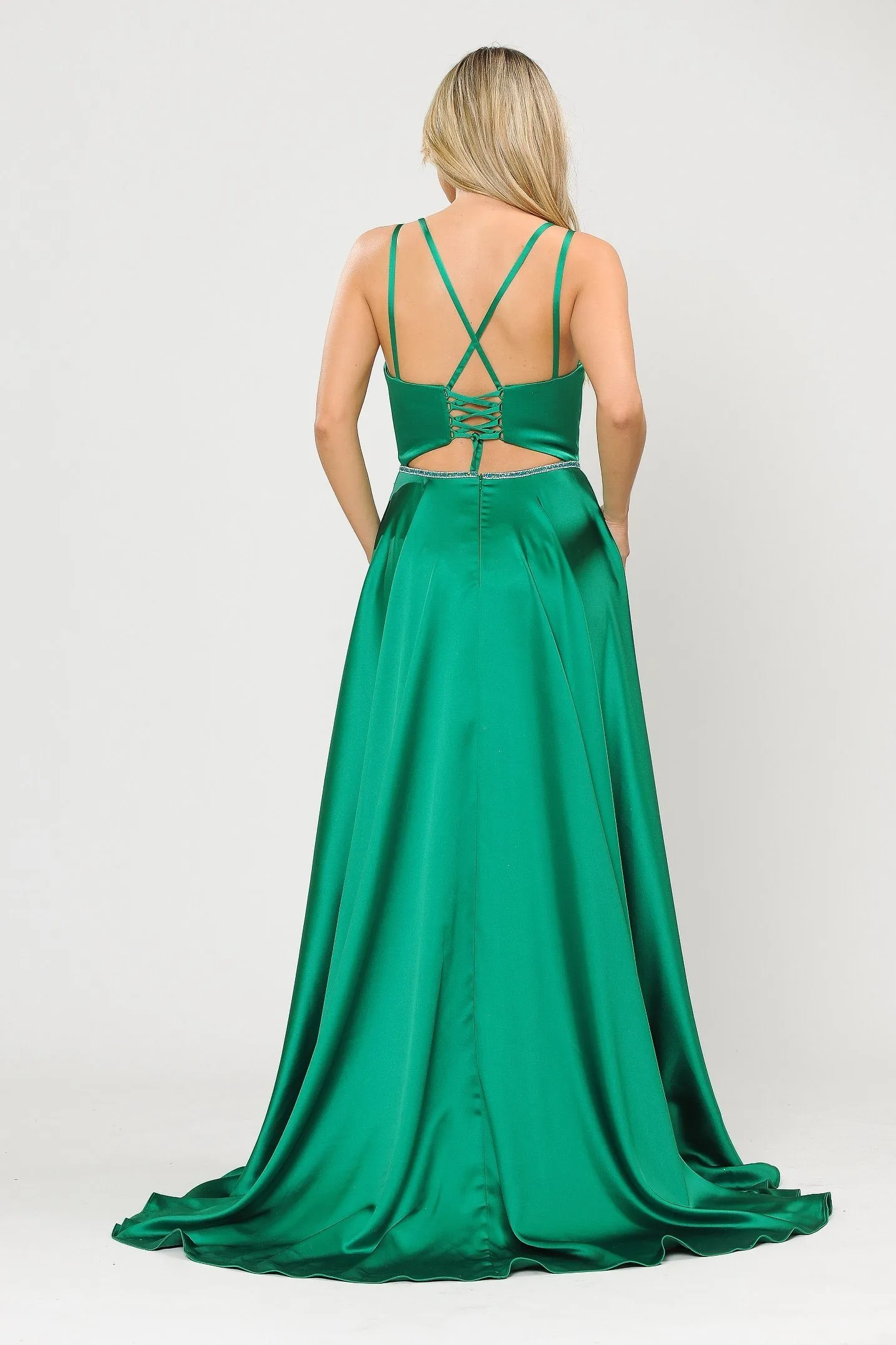 Long A-line Satin Dress with Corset Back by Poly USA 8652