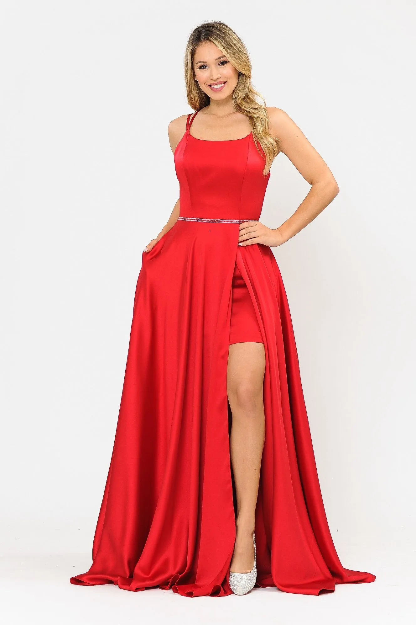 Long A-line Satin Dress with Corset Back by Poly USA 8652