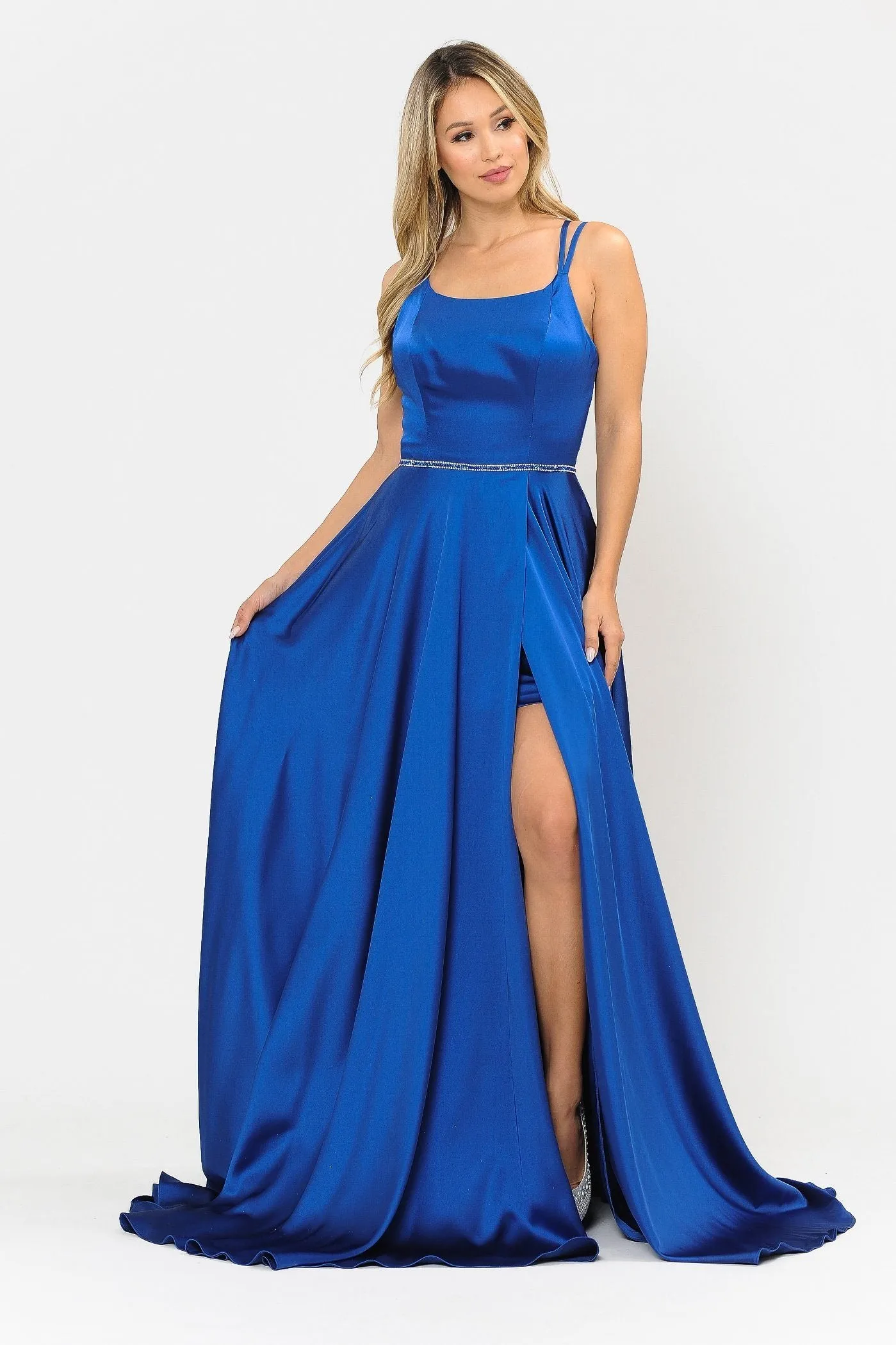 Long A-line Satin Dress with Corset Back by Poly USA 8652