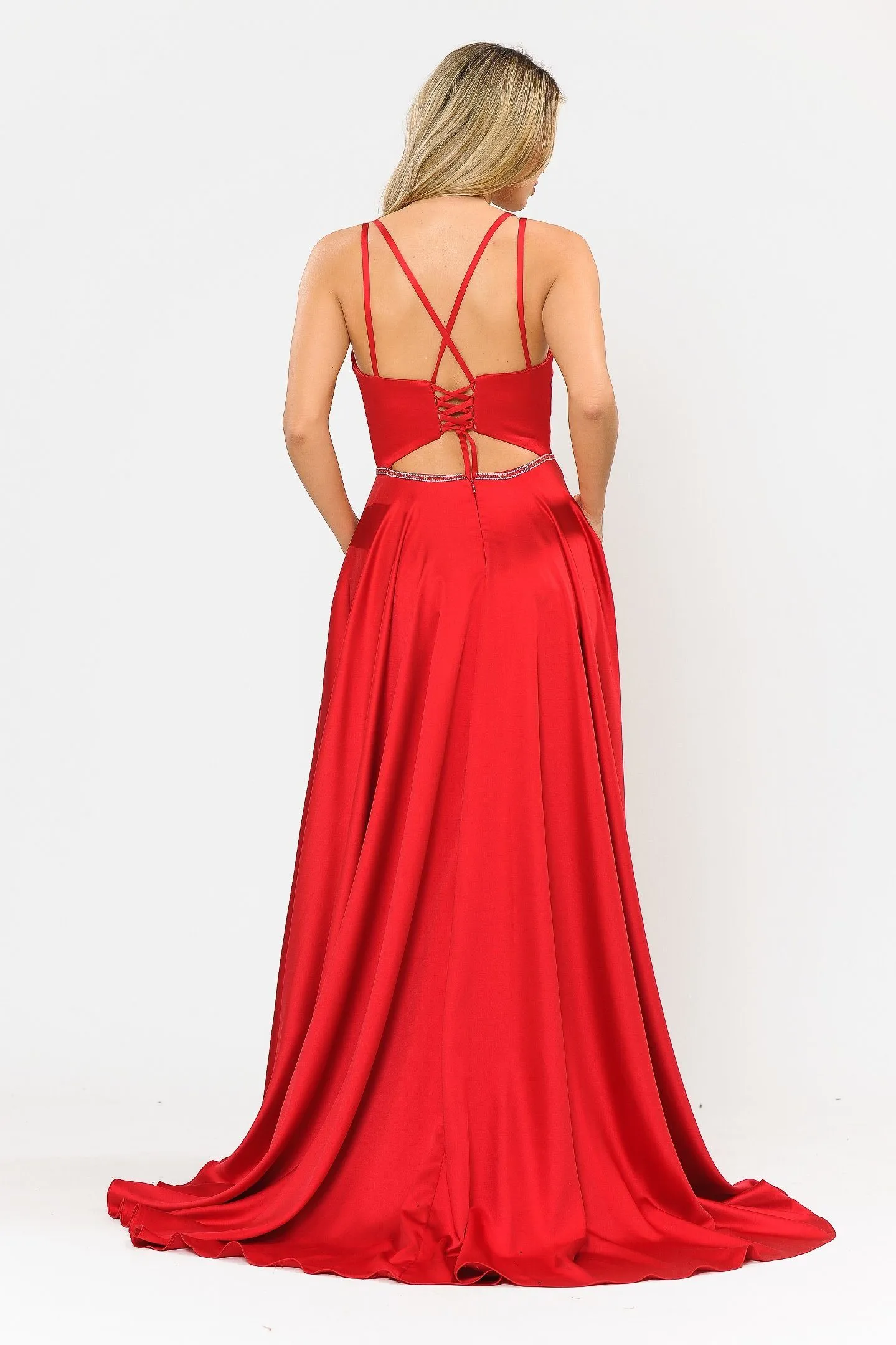 Long A-line Satin Dress with Corset Back by Poly USA 8652