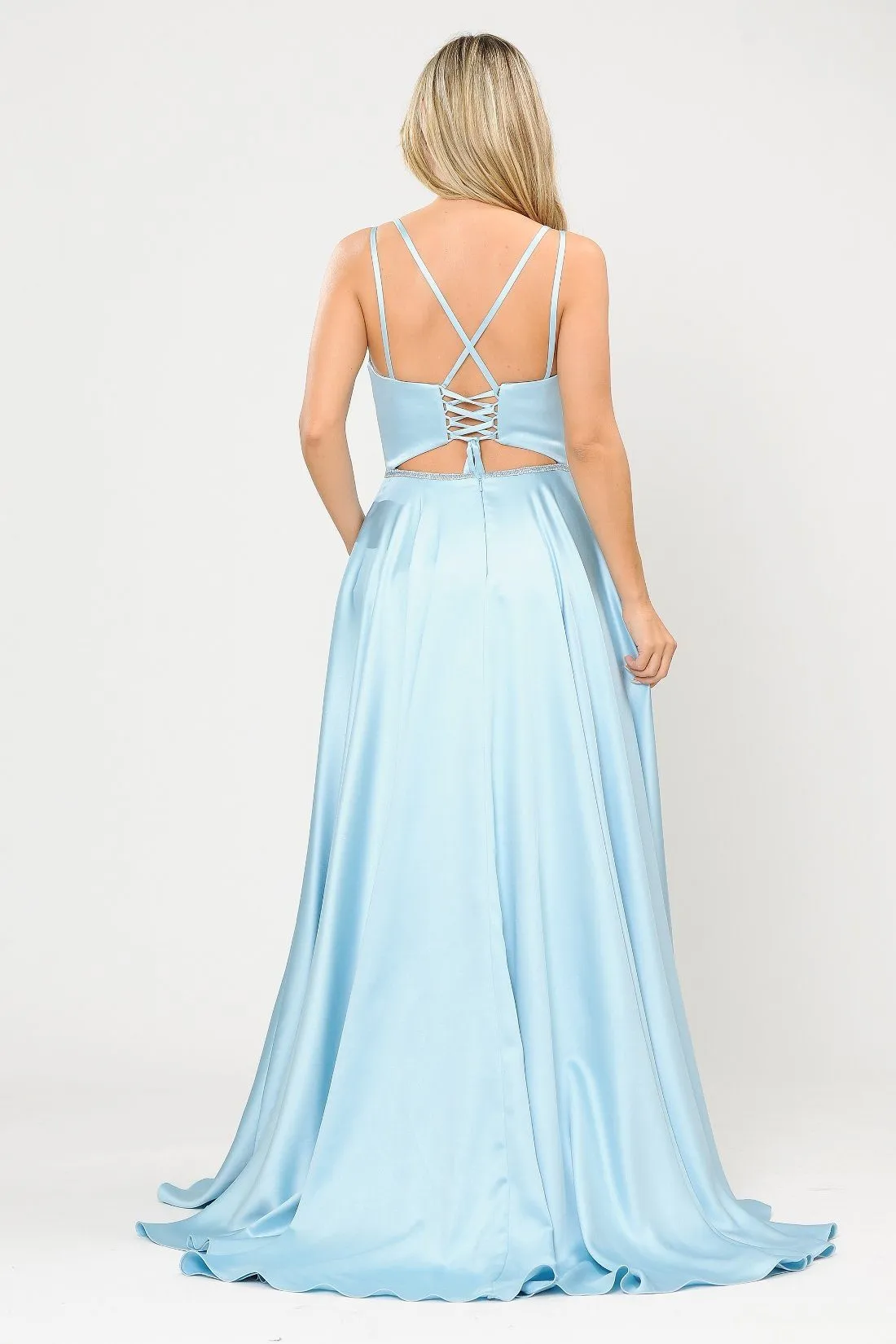 Long A-line Satin Dress with Corset Back by Poly USA 8652