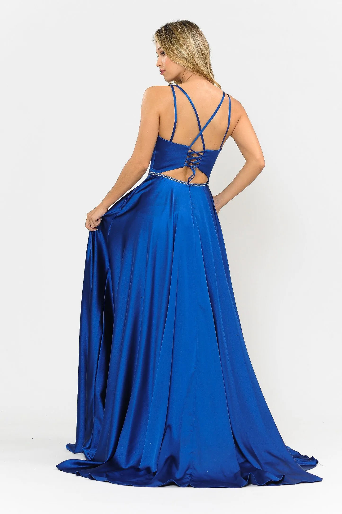 Long A-line Satin Dress with Corset Back by Poly USA 8652