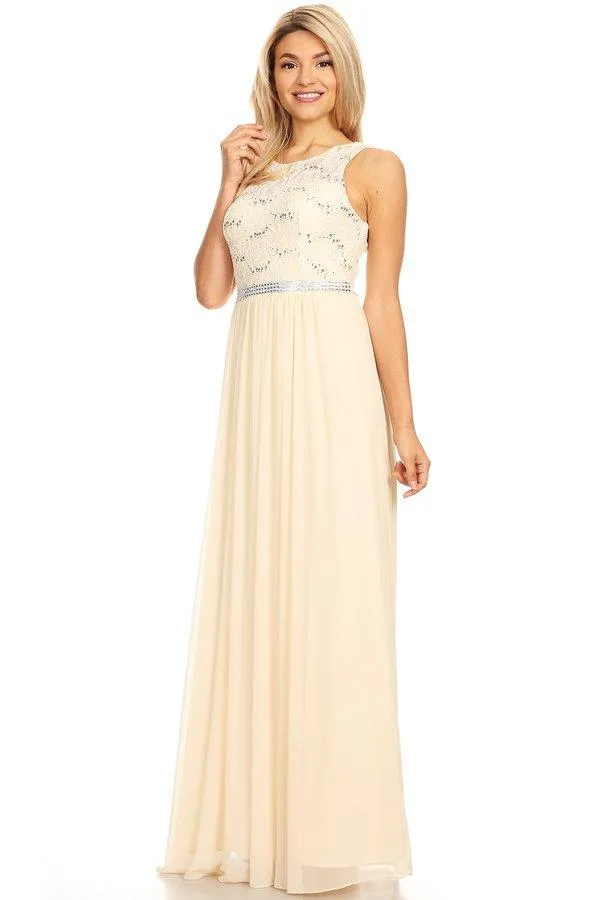 Long Sleeveless Dress with Sequin Lace Bodice by Celavie 6344L