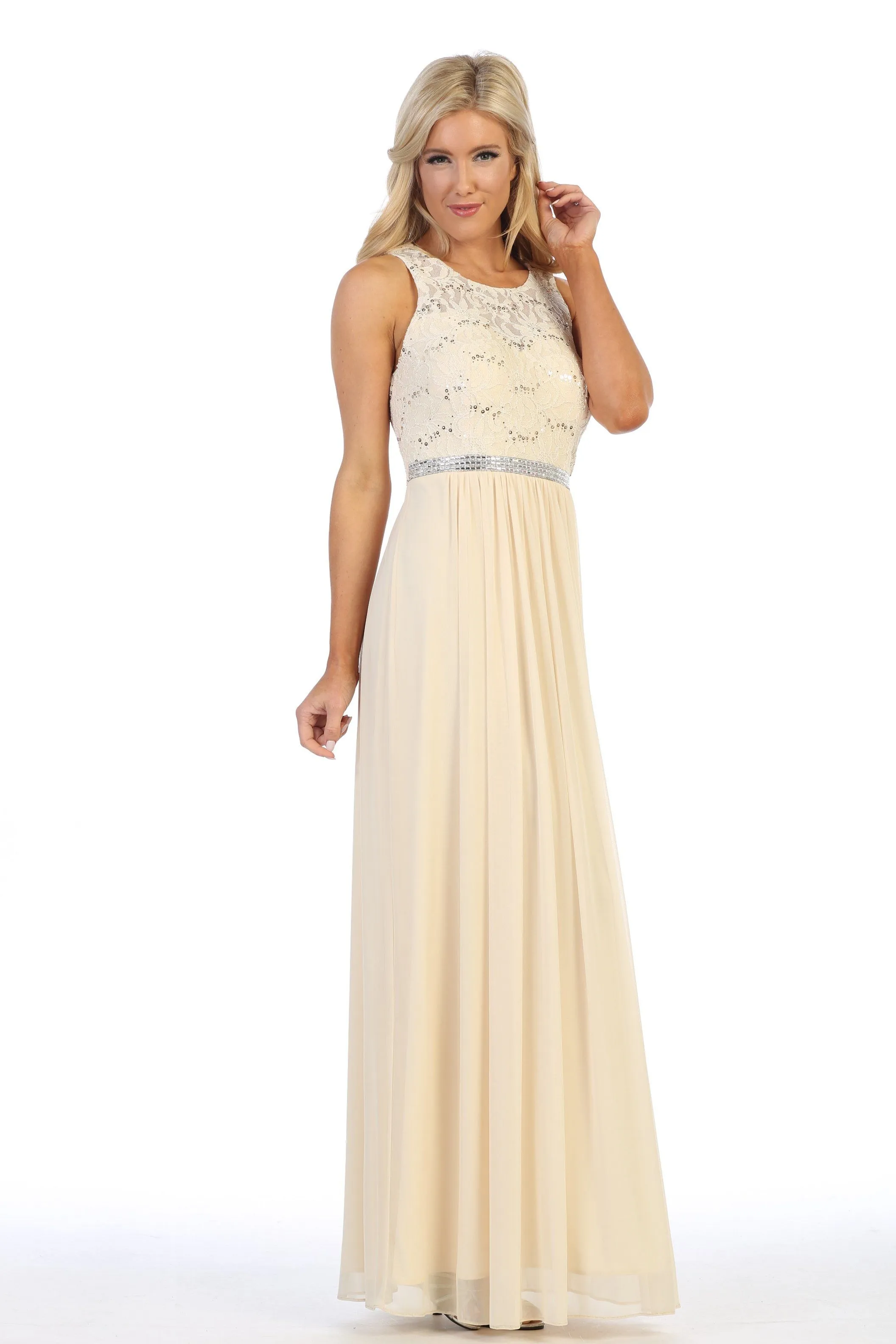 Long Sleeveless Dress with Sequin Lace Bodice by Celavie 6344L