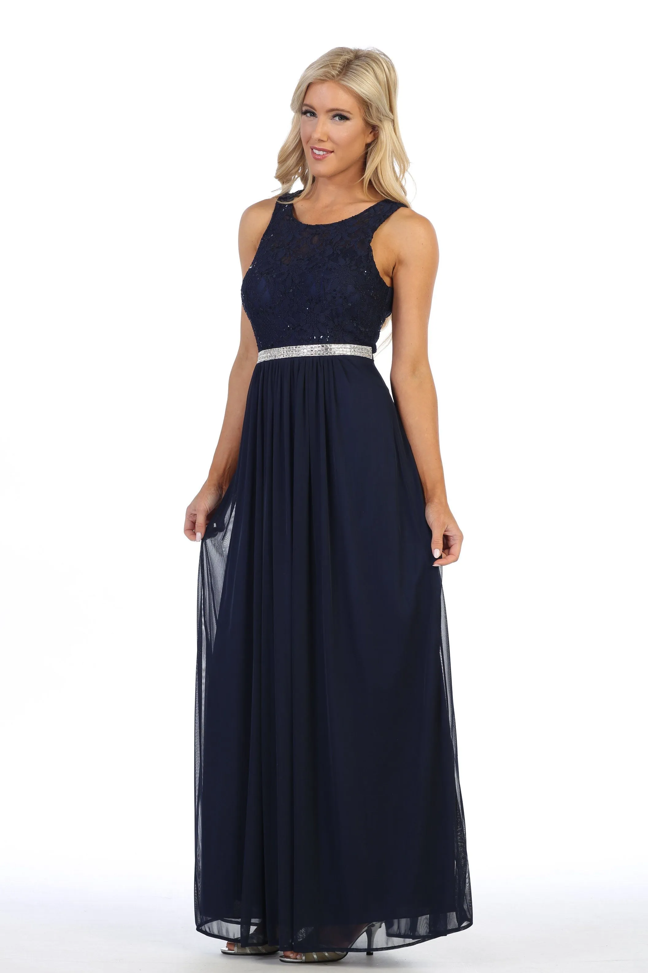 Long Sleeveless Dress with Sequin Lace Bodice by Celavie 6344L