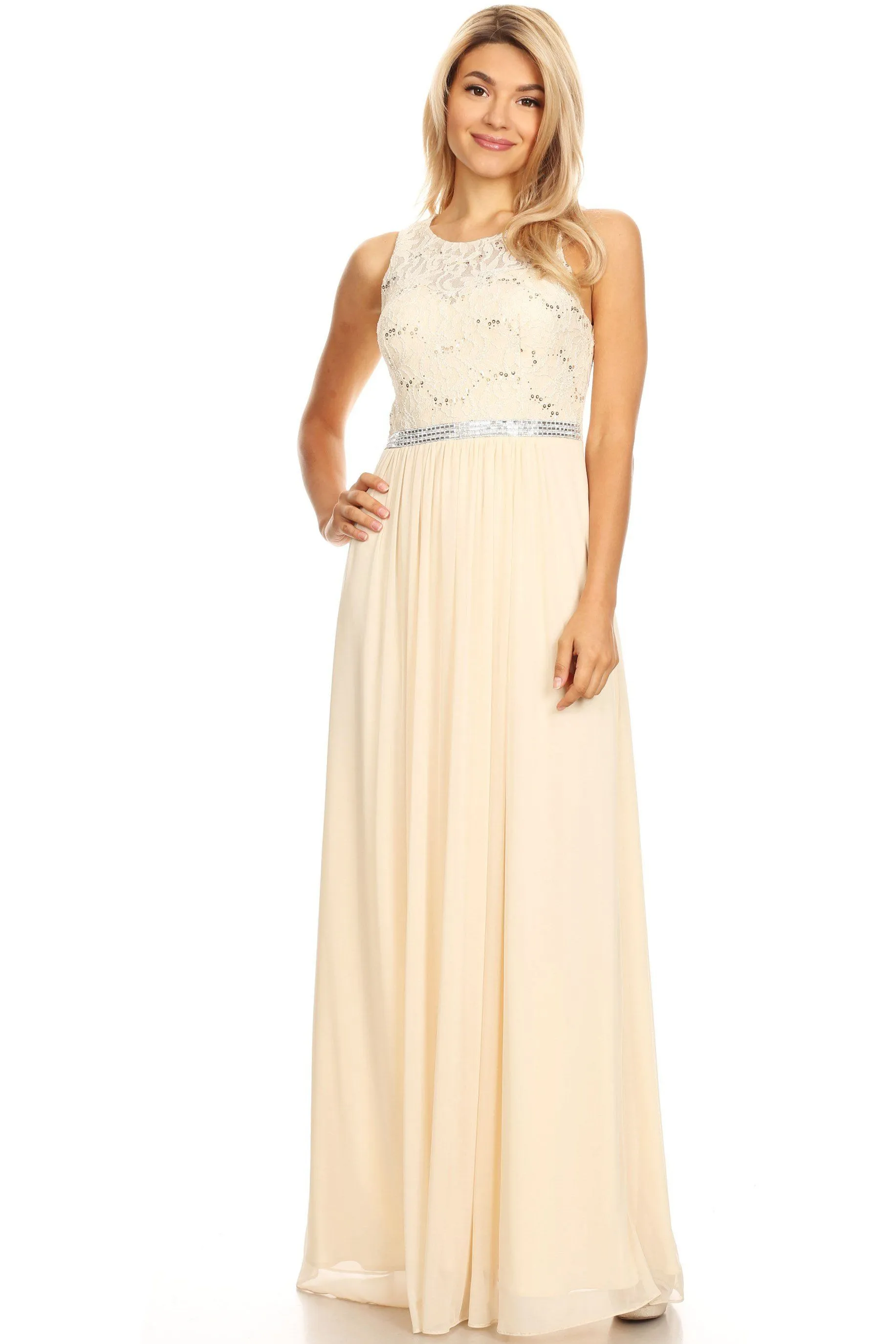 Long Sleeveless Dress with Sequin Lace Bodice by Celavie 6344L