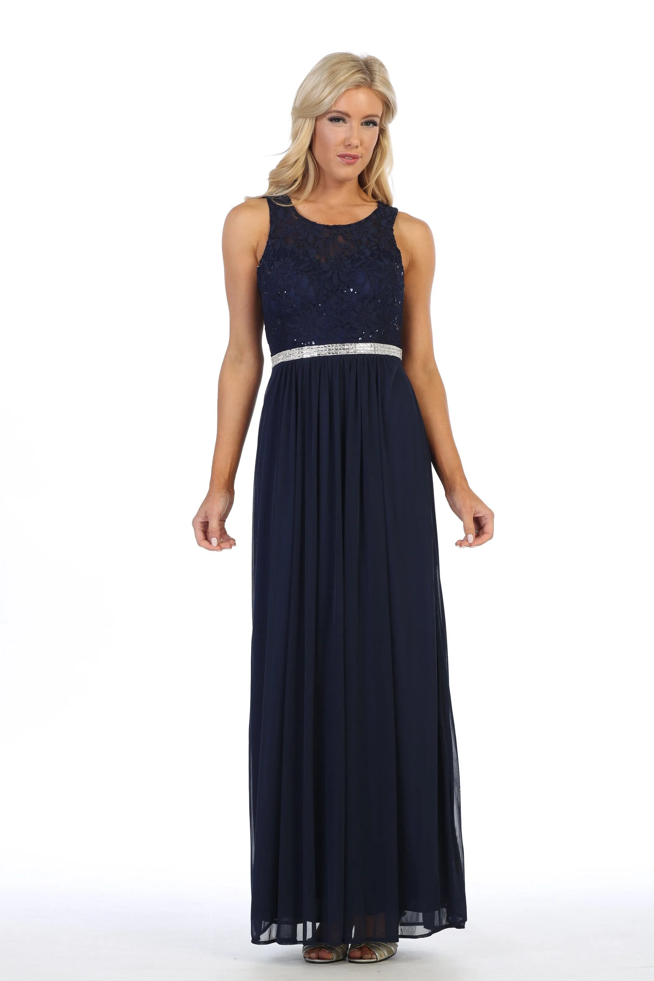 Long Sleeveless Dress with Sequin Lace Bodice by Celavie 6344L