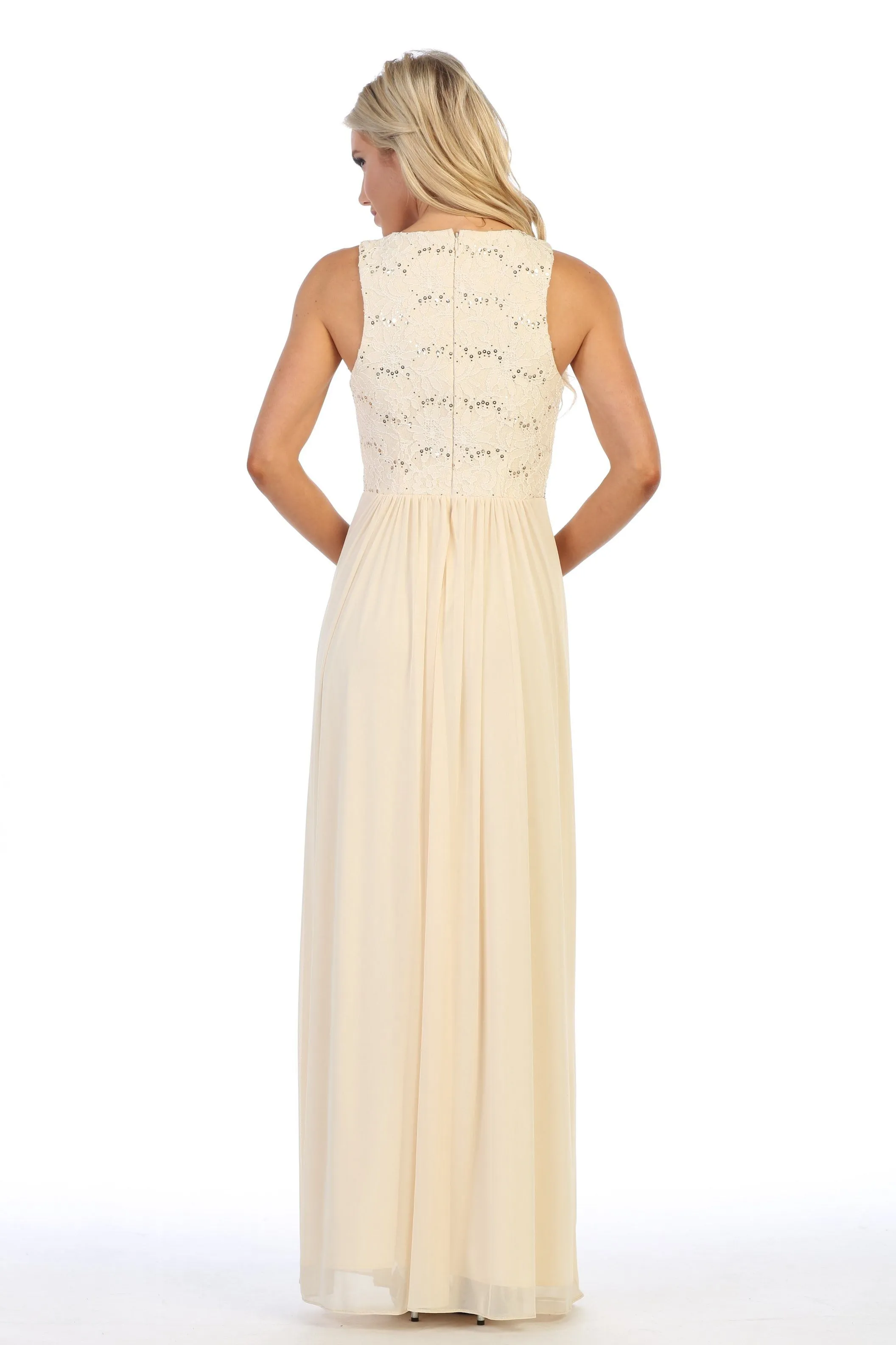 Long Sleeveless Dress with Sequin Lace Bodice by Celavie 6344L