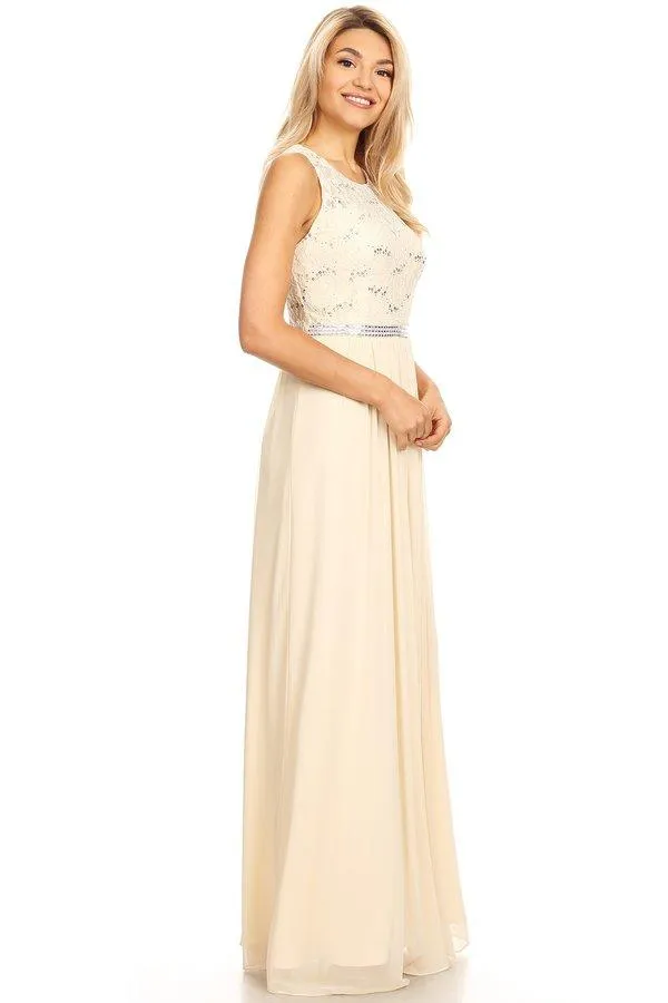Long Sleeveless Dress with Sequin Lace Bodice by Celavie 6344L