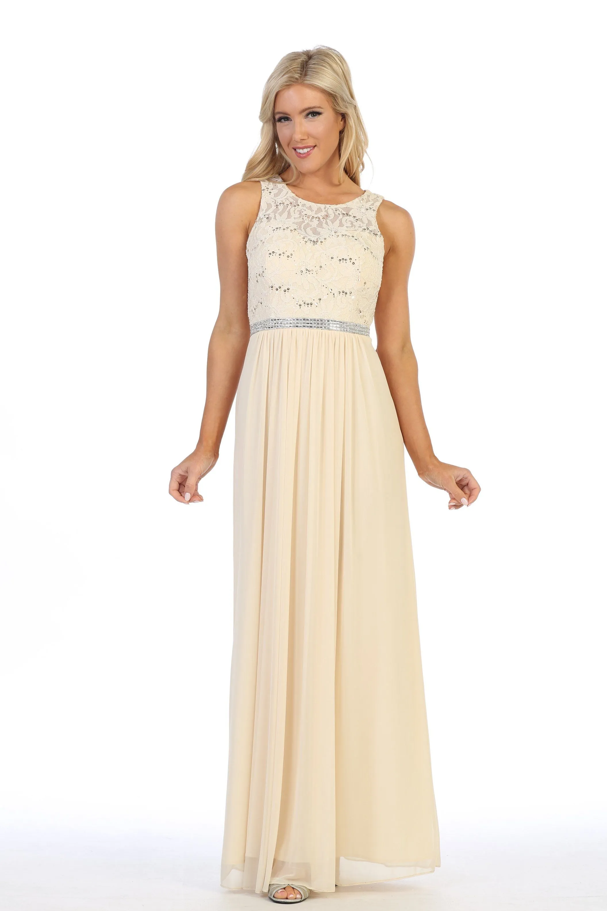 Long Sleeveless Dress with Sequin Lace Bodice by Celavie 6344L