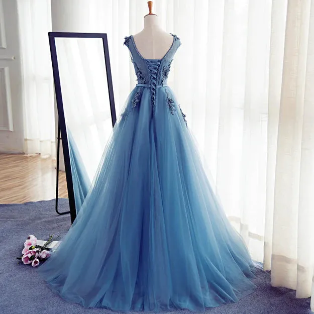 Luolandi Blue Round Neckline Long Applique Elegant Senior Formal Dress Long Party Gowns Prom Dress