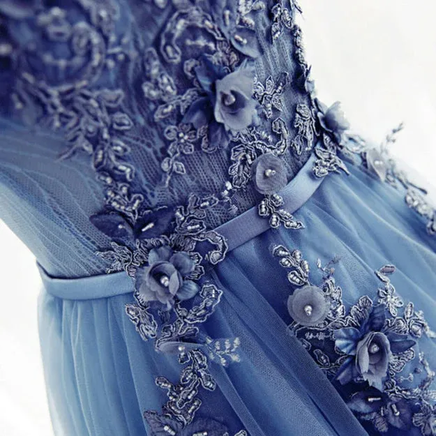 Luolandi Blue Round Neckline Long Applique Elegant Senior Formal Dress Long Party Gowns Prom Dress