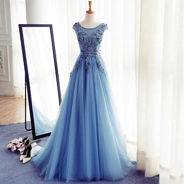 Luolandi Blue Round Neckline Long Applique Elegant Senior Formal Dress Long Party Gowns Prom Dress