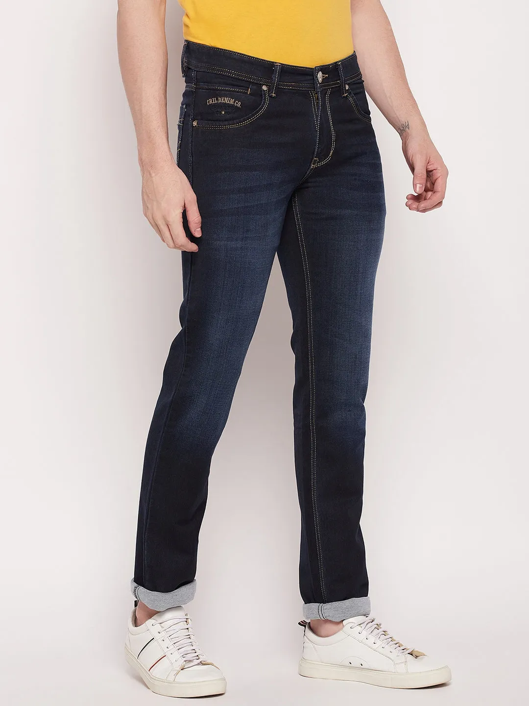 Men's Casual Straight Fit Dark Indigo Light Fade Mid rise Jeans