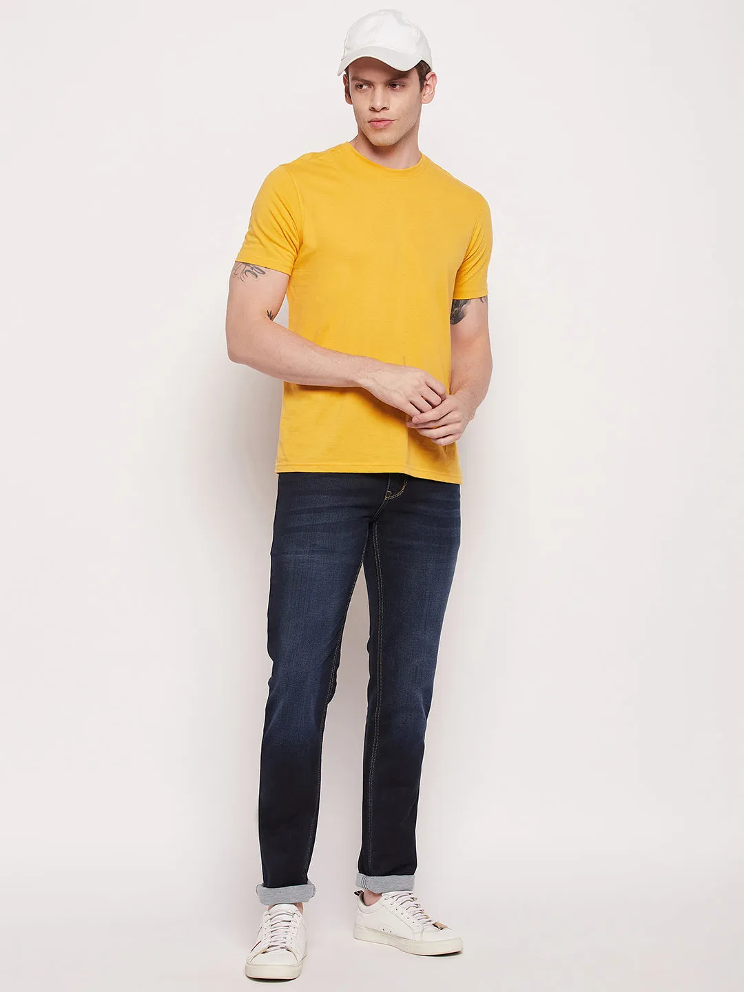 Men's Casual Straight Fit Dark Indigo Light Fade Mid rise Jeans