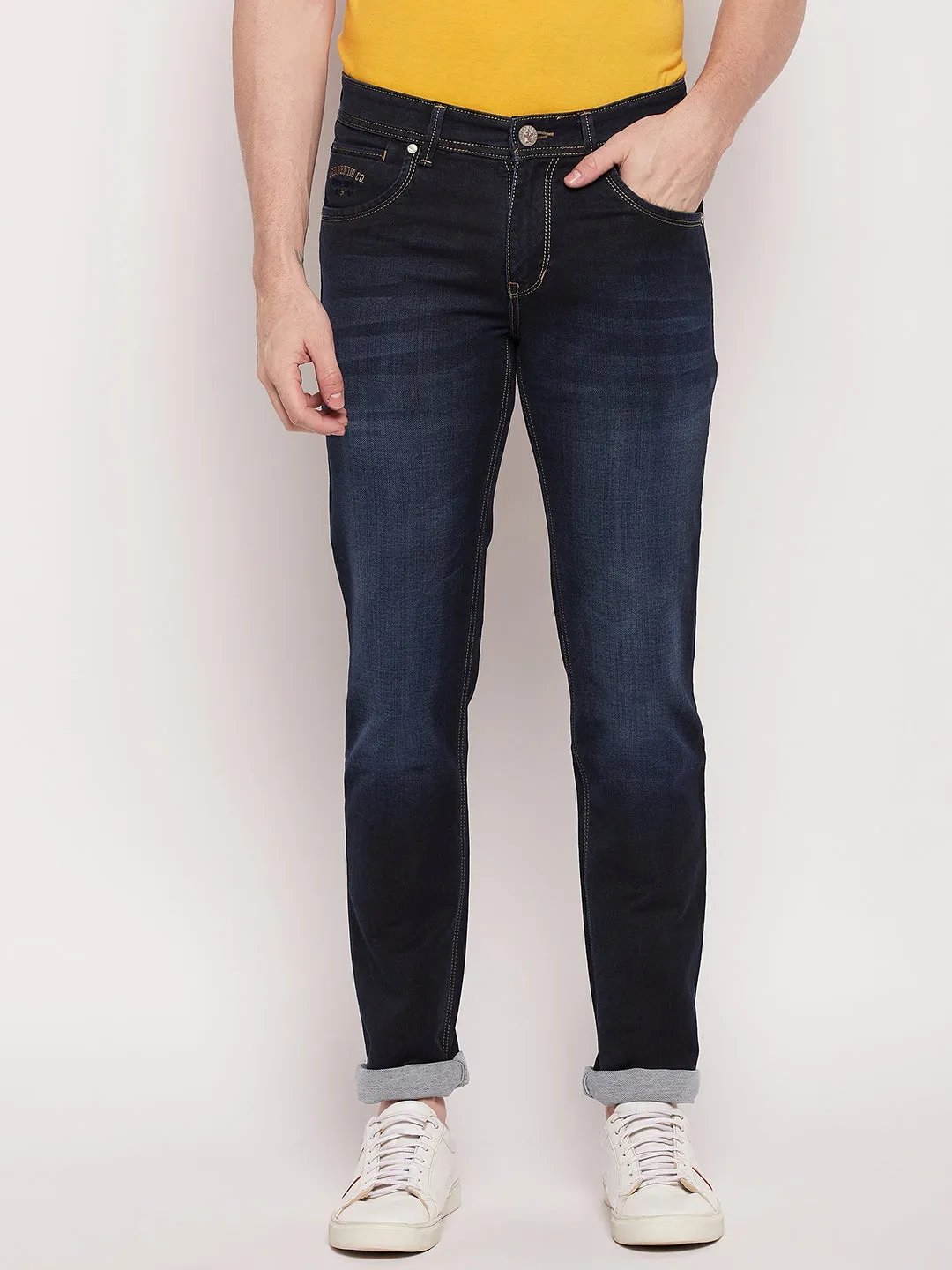 Men's Casual Straight Fit Dark Indigo Light Fade Mid rise Jeans