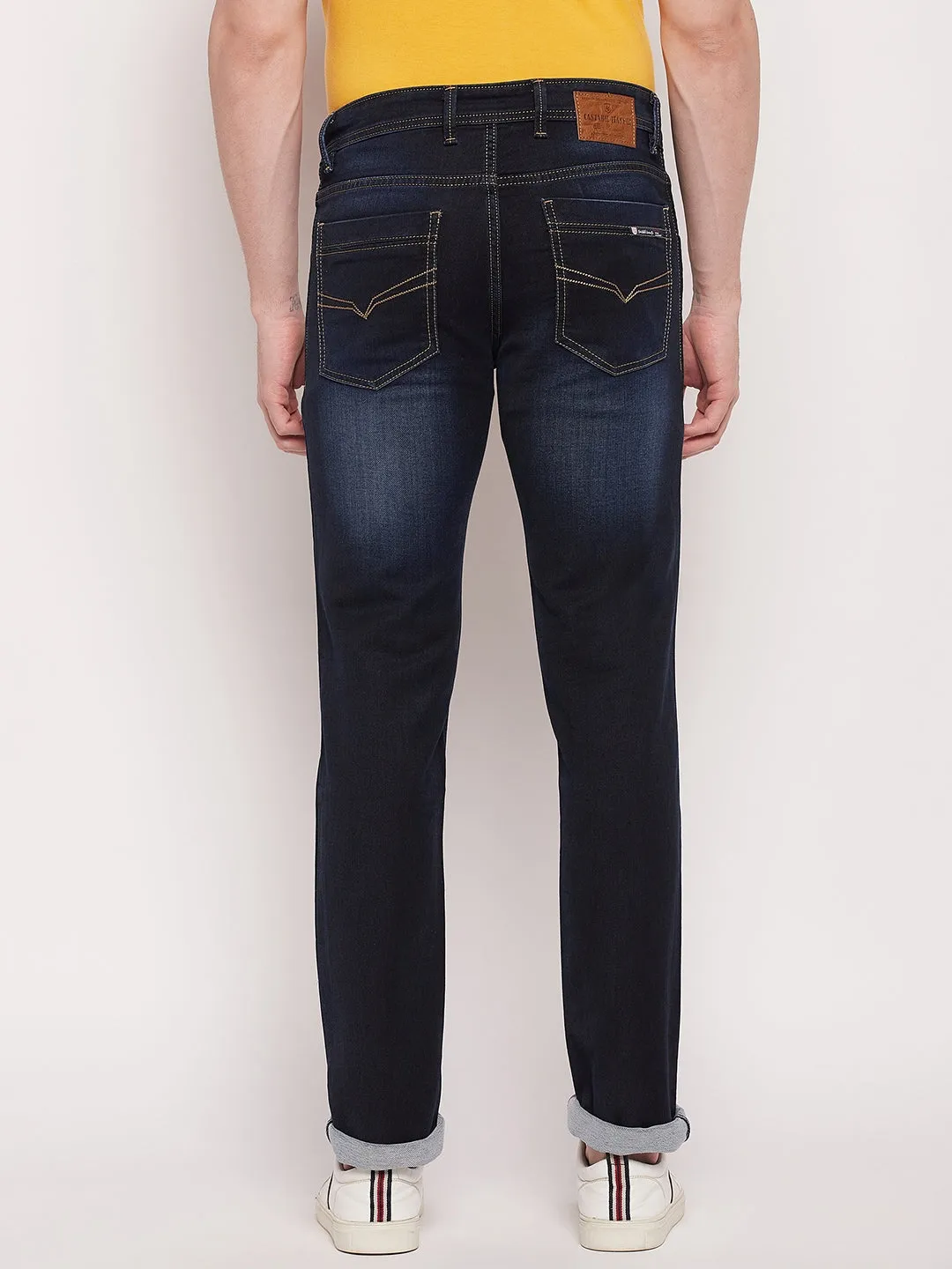 Men's Casual Straight Fit Dark Indigo Light Fade Mid rise Jeans