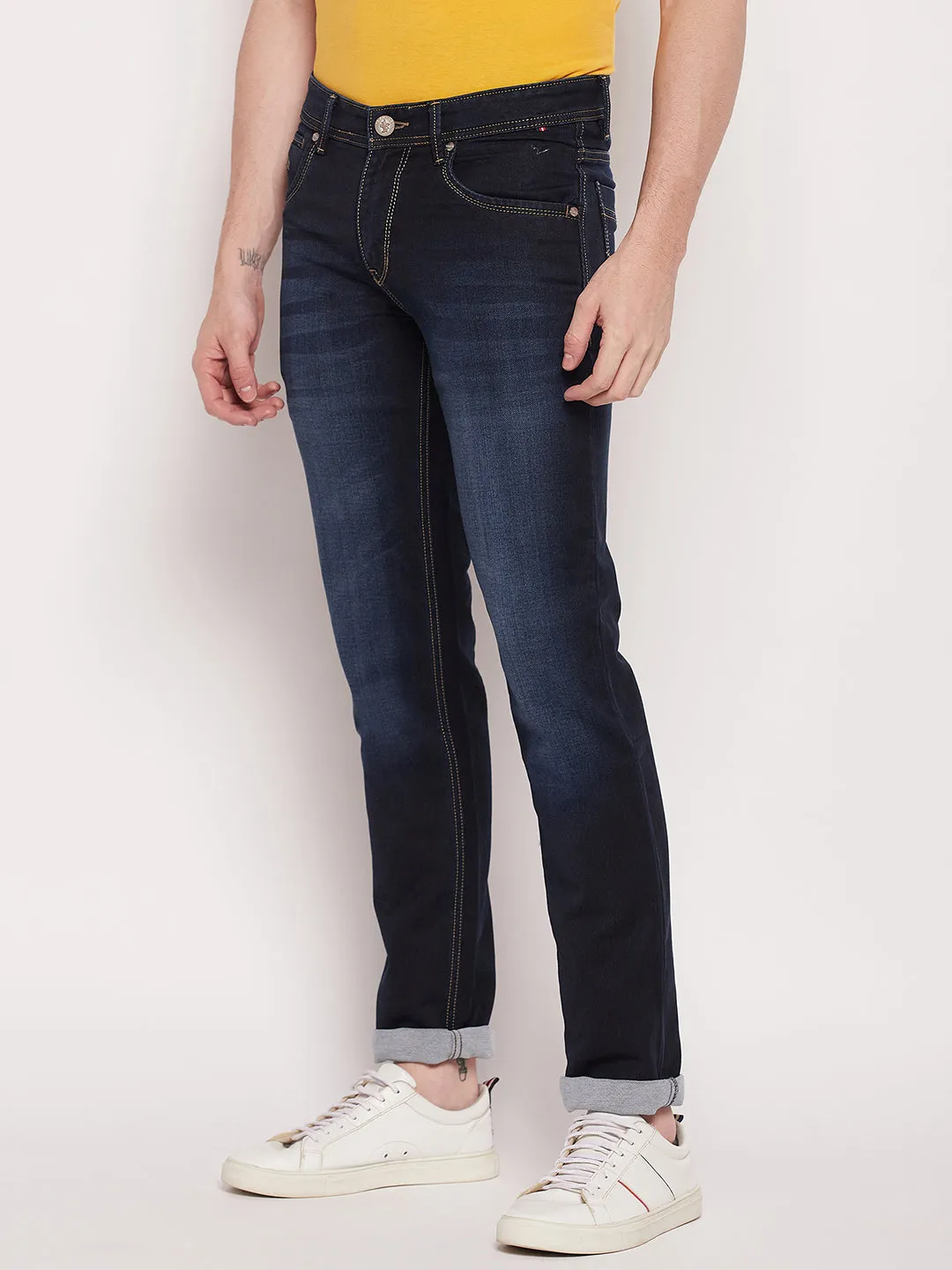Men's Casual Straight Fit Dark Indigo Light Fade Mid rise Jeans