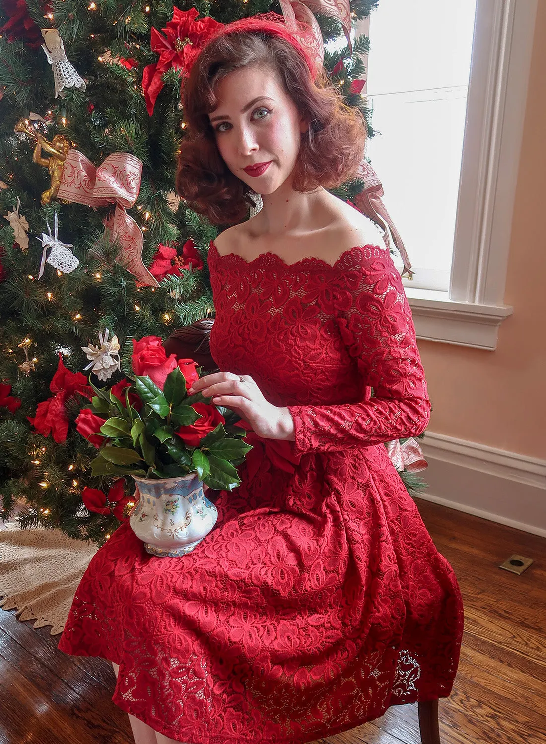 Off-Shoulder Long Sleeve Lace Dress