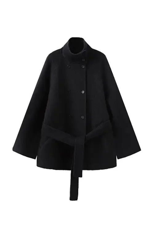 Oversized Wool Alpaca Stand Collar Cape Coat with Belt