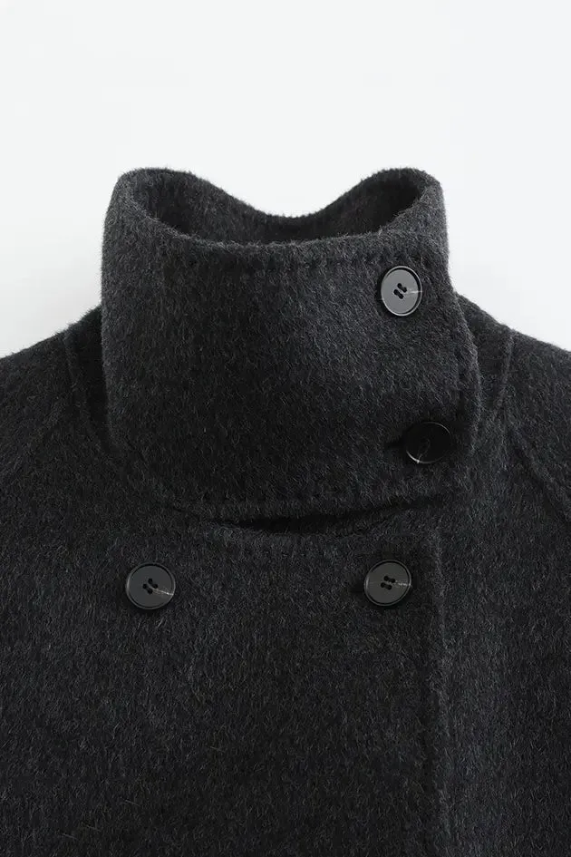 Oversized Wool Alpaca Stand Collar Cape Coat with Belt