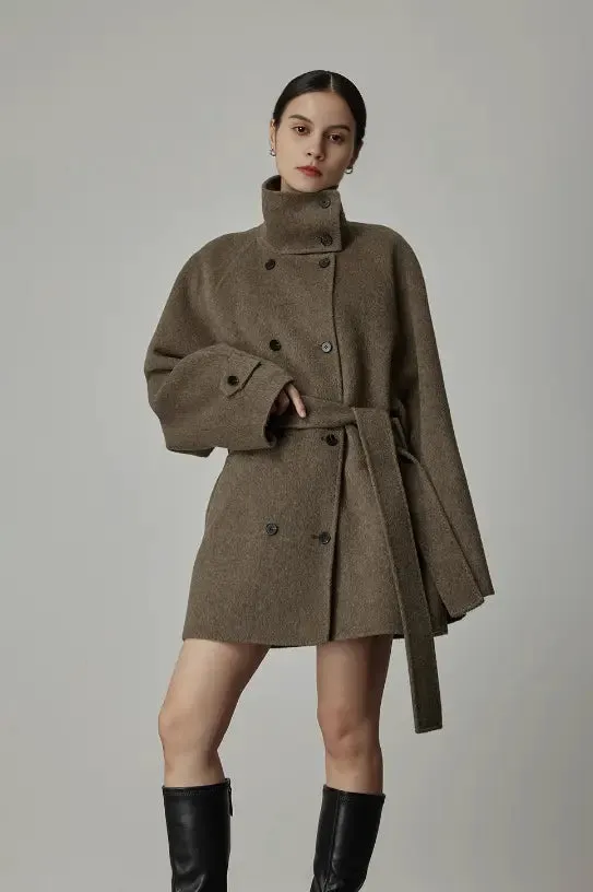 Oversized Wool Alpaca Stand Collar Cape Coat with Belt