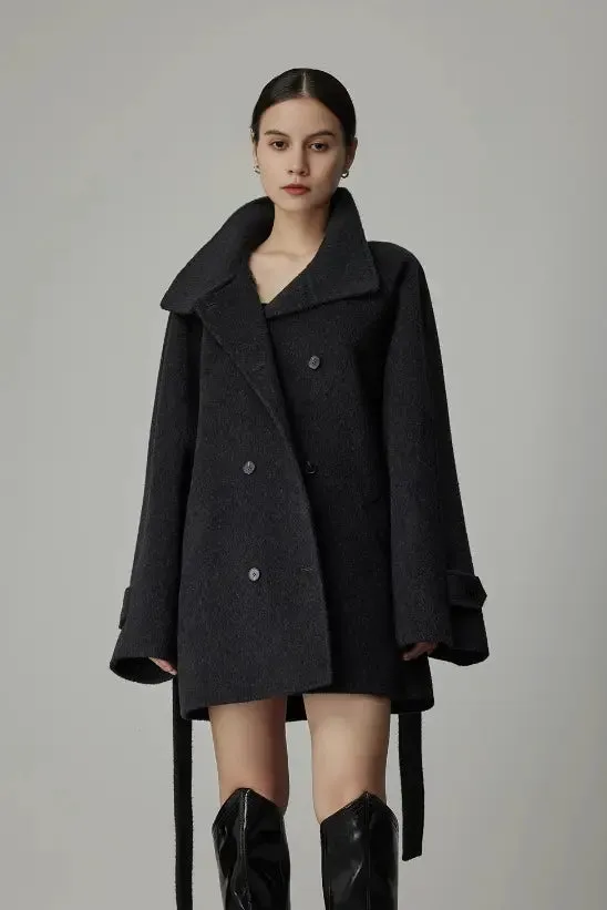 Oversized Wool Alpaca Stand Collar Cape Coat with Belt