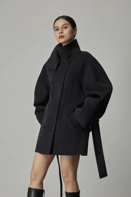 Oversized Wool Alpaca Stand Collar Cape Coat with Belt