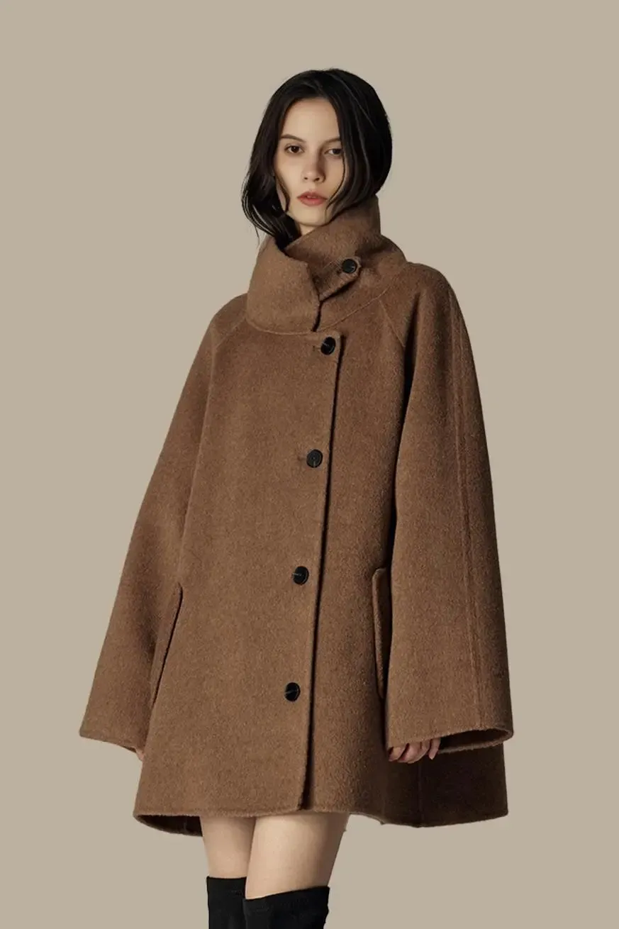 Oversized Wool Alpaca Stand Collar Cape Coat with Belt