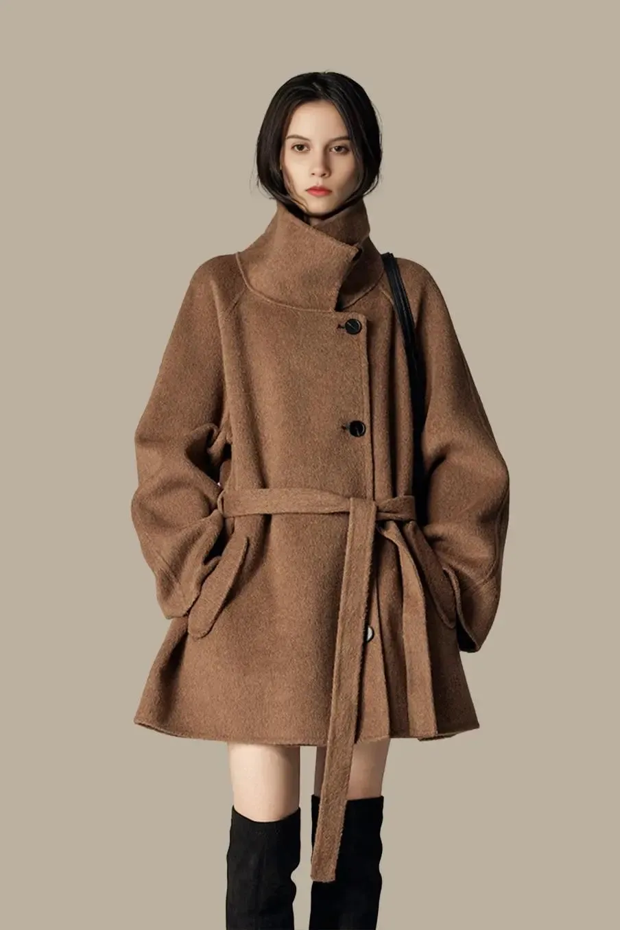 Oversized Wool Alpaca Stand Collar Cape Coat with Belt
