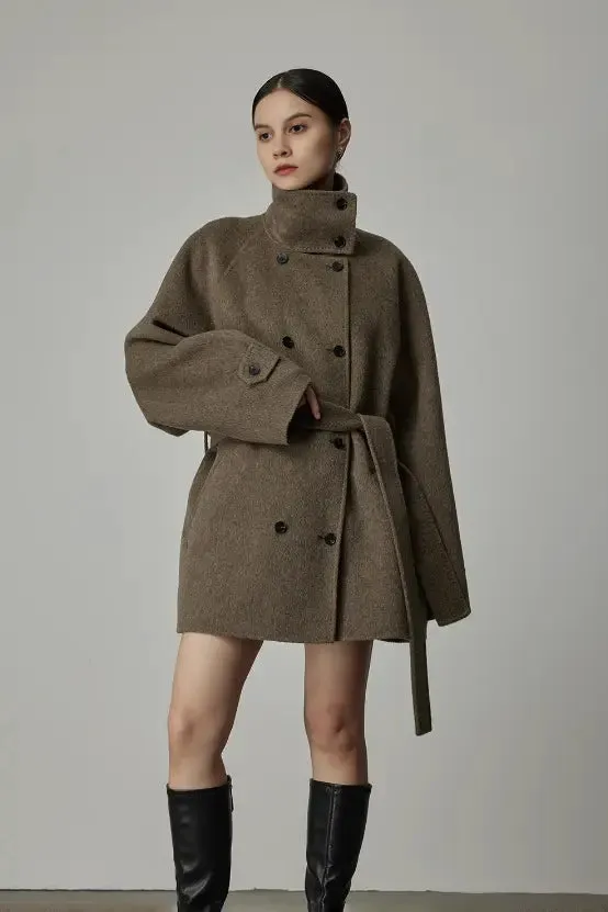 Oversized Wool Alpaca Stand Collar Cape Coat with Belt
