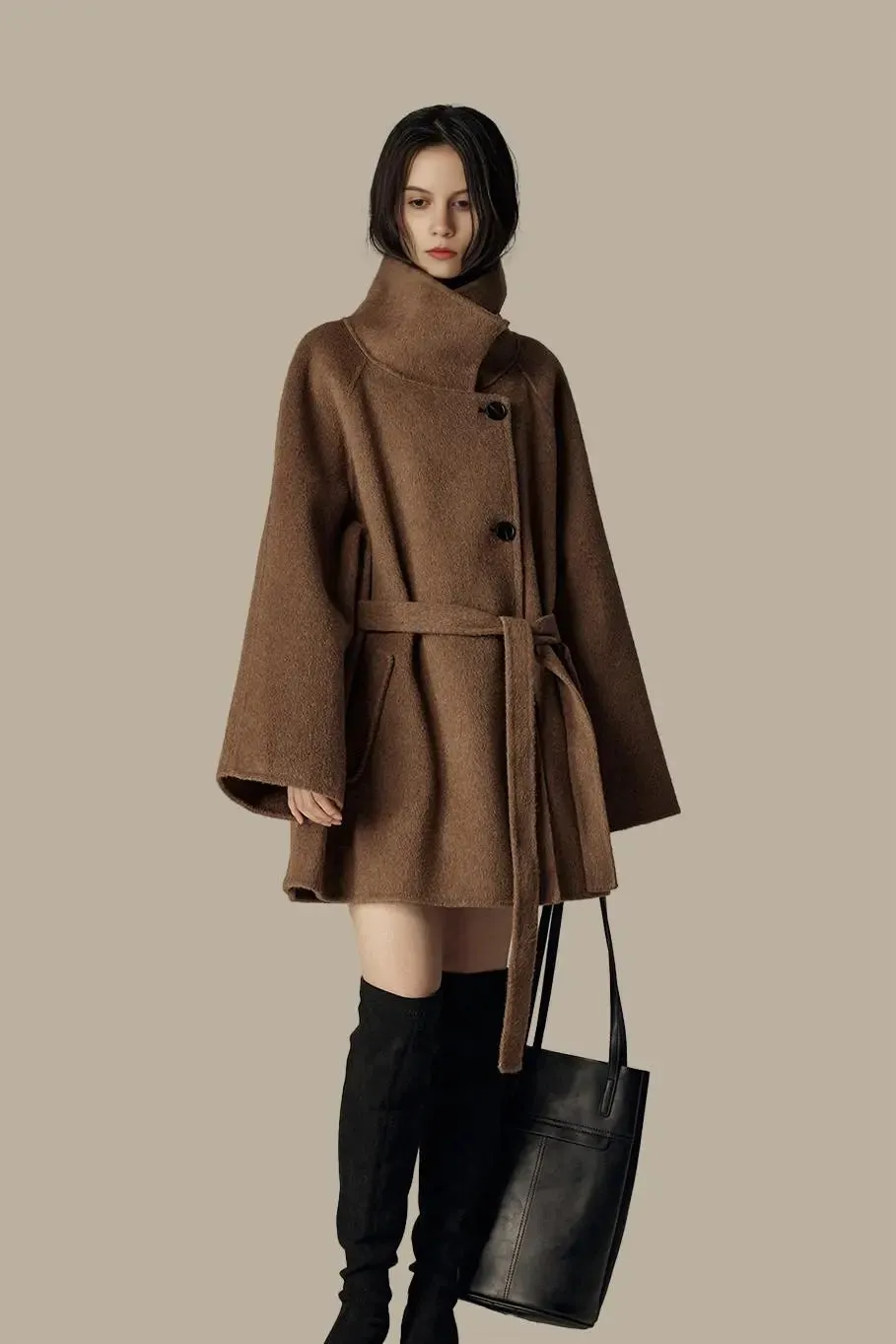 Oversized Wool Alpaca Stand Collar Cape Coat with Belt