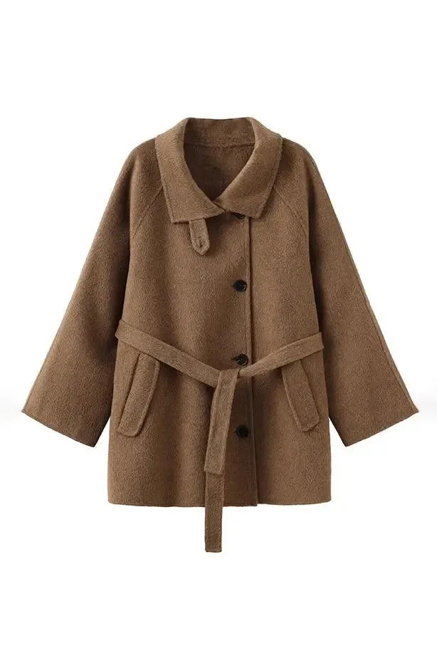 Oversized Wool Alpaca Stand Collar Cape Coat with Belt