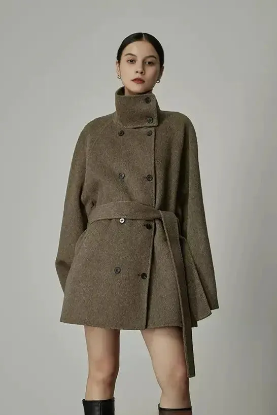 Oversized Wool Alpaca Stand Collar Cape Coat with Belt