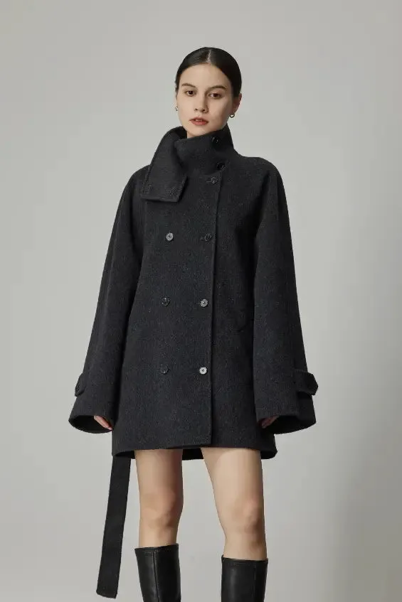 Oversized Wool Alpaca Stand Collar Cape Coat with Belt