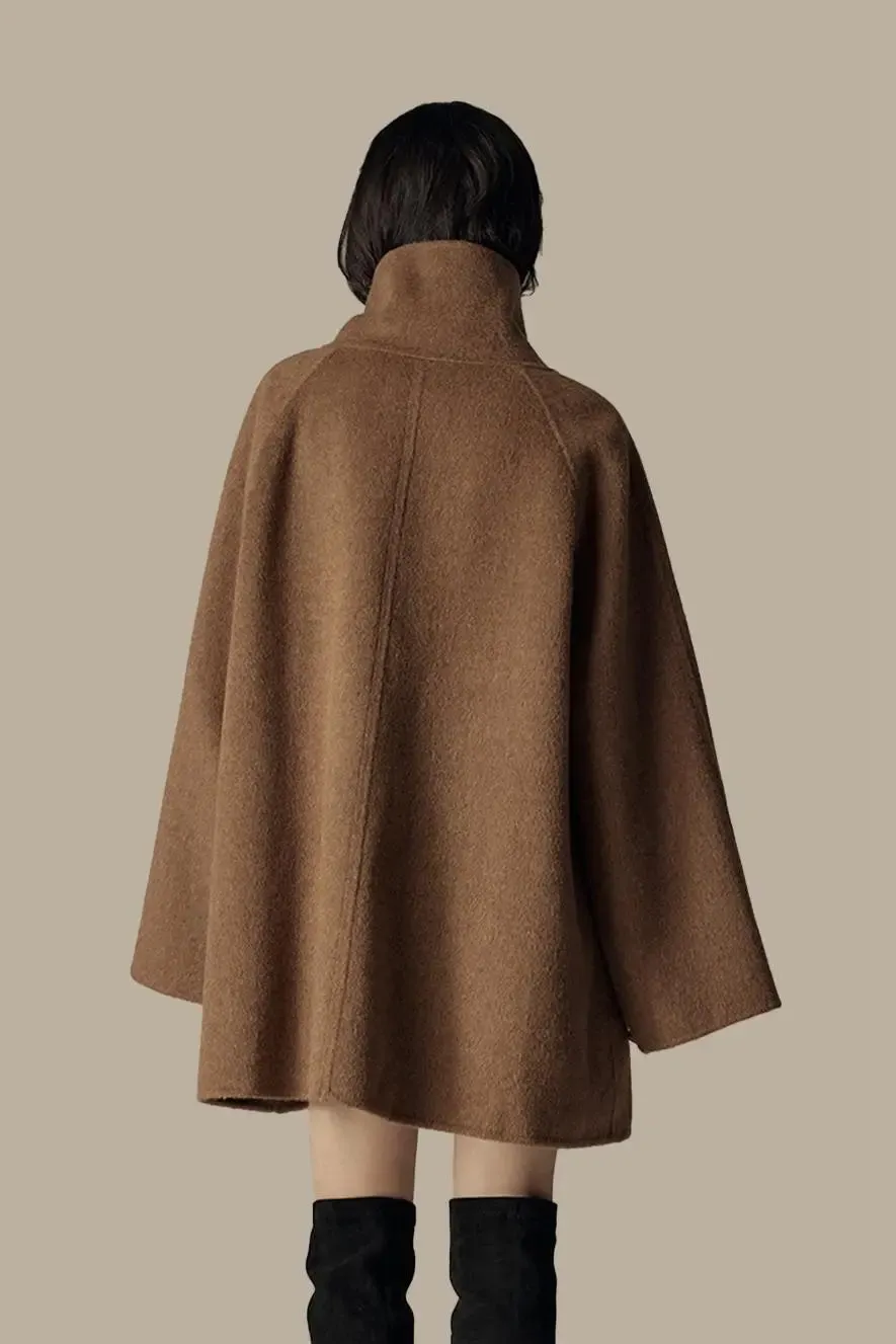 Oversized Wool Alpaca Stand Collar Cape Coat with Belt